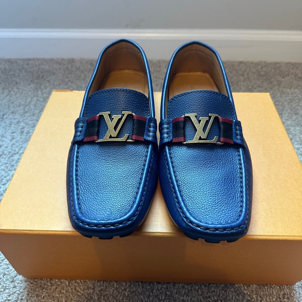 Louis Vuitton Blue Loafers with Gold Accents
